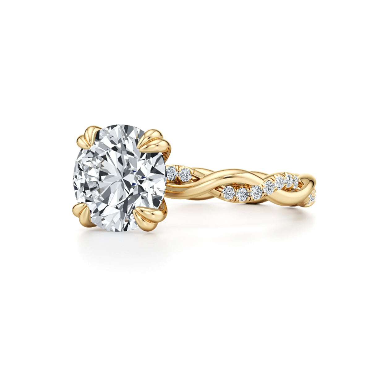 Gold moissanite engagement ring with twisted band and round brilliant center stone