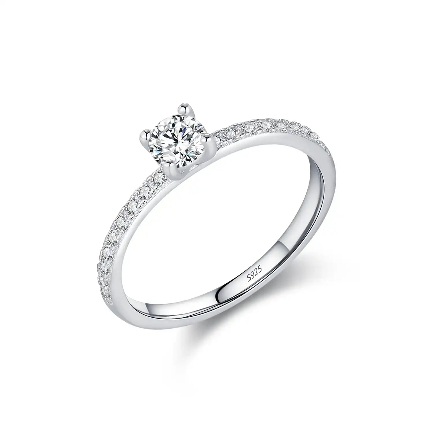 Sterling silver moissanite engagement ring with pavé band and round solitaire stone