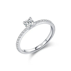 Sterling silver moissanite engagement ring with pavé band and round solitaire stone