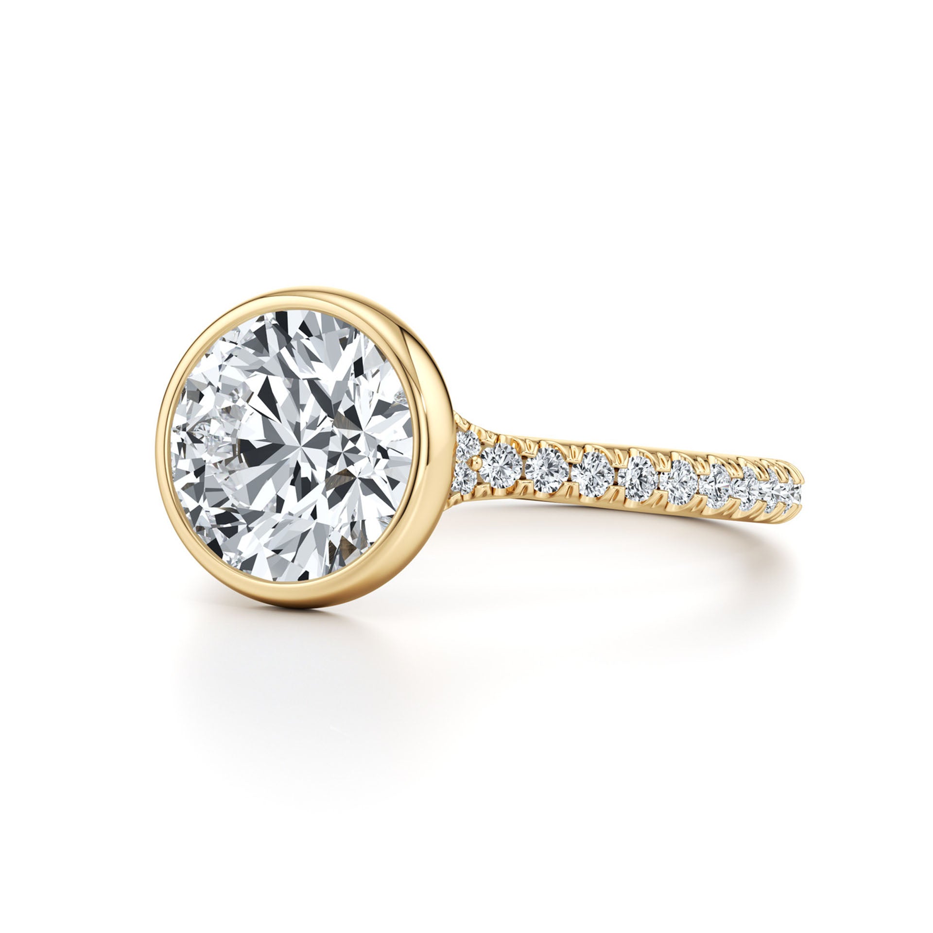 Gold moissanite engagement ring with round brilliant center stone and pavé band