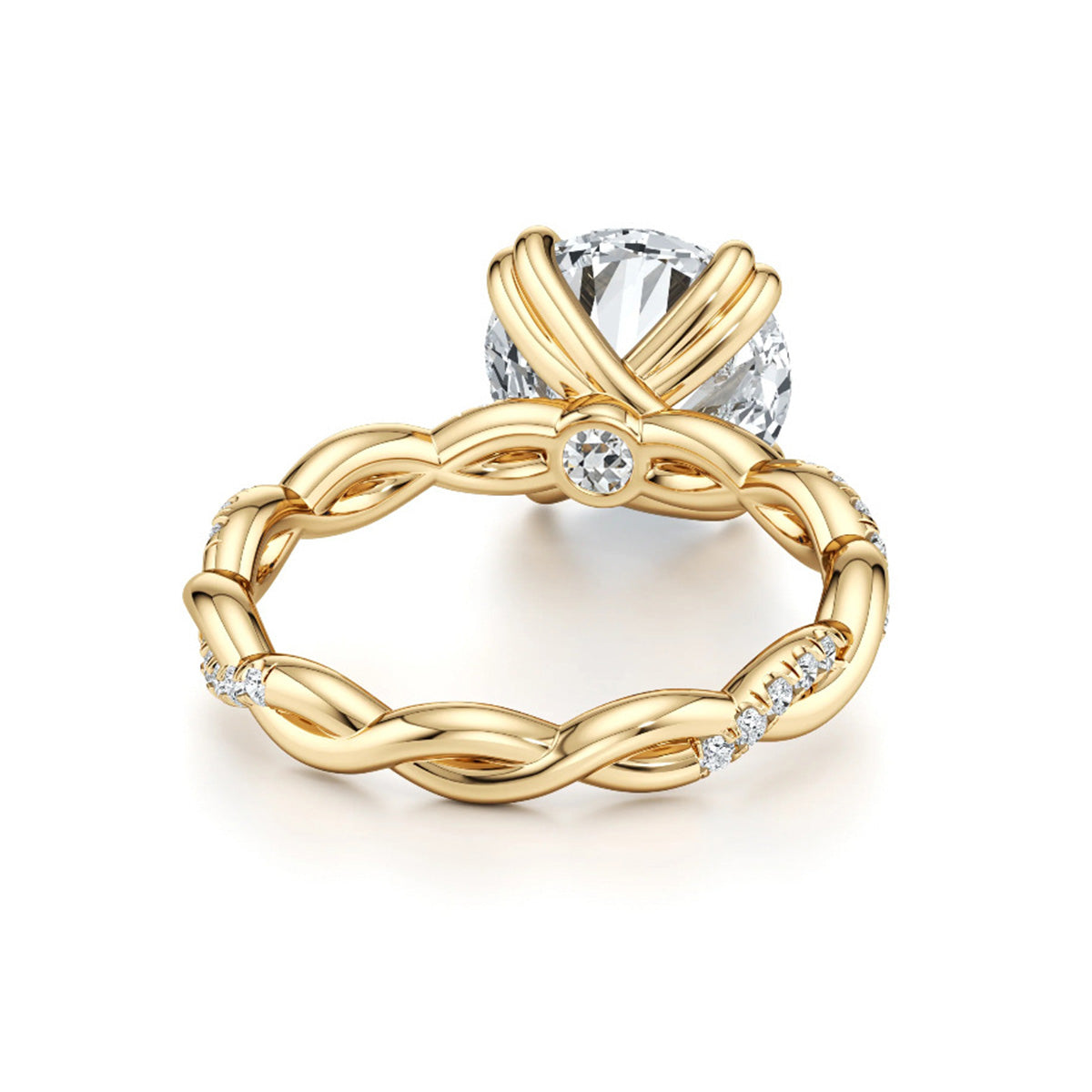 Gold twisted band moissanite engagement ring with round brilliant center stone
