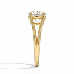 Yellow gold solitaire ring with a brilliant moissanite center stone, side view