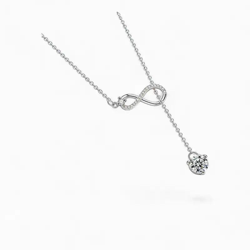 Moissanite infinity necklace with solitaire pendant, sterling silver chain, minimalist design