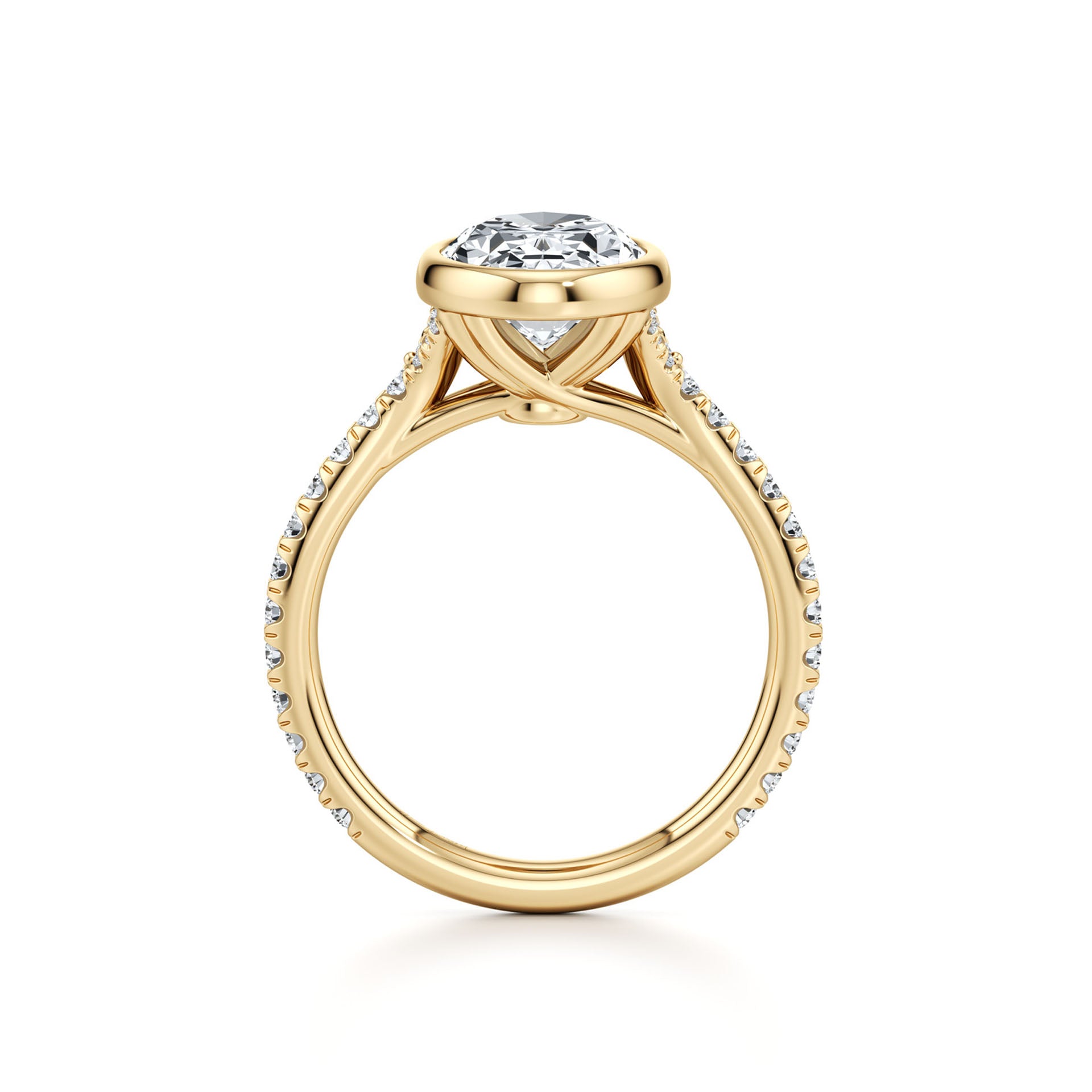 Yellow gold moissanite engagement ring with pavé band and round solitaire center stone