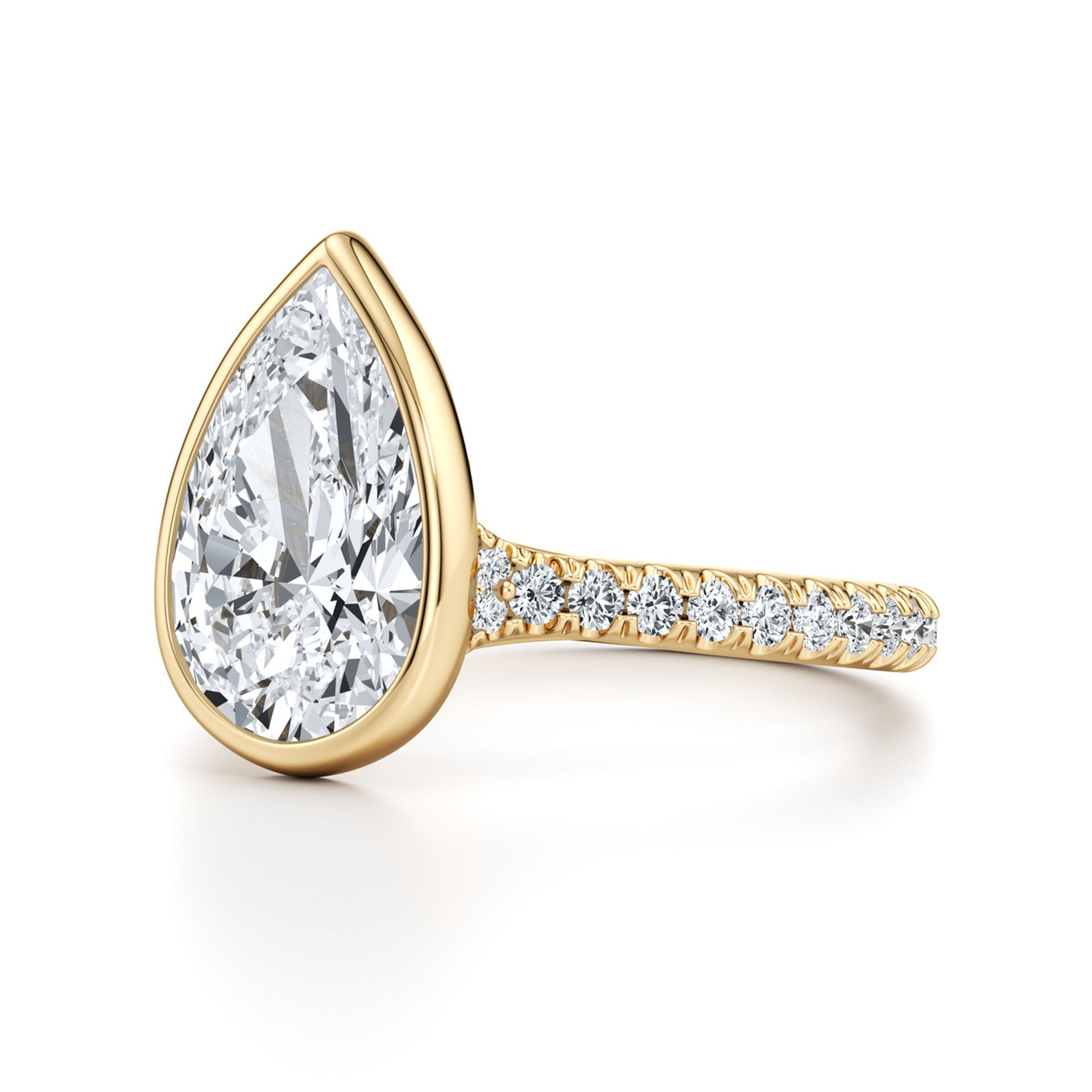 Yellow gold ring with pear-shaped moissanite center stone and pavé band