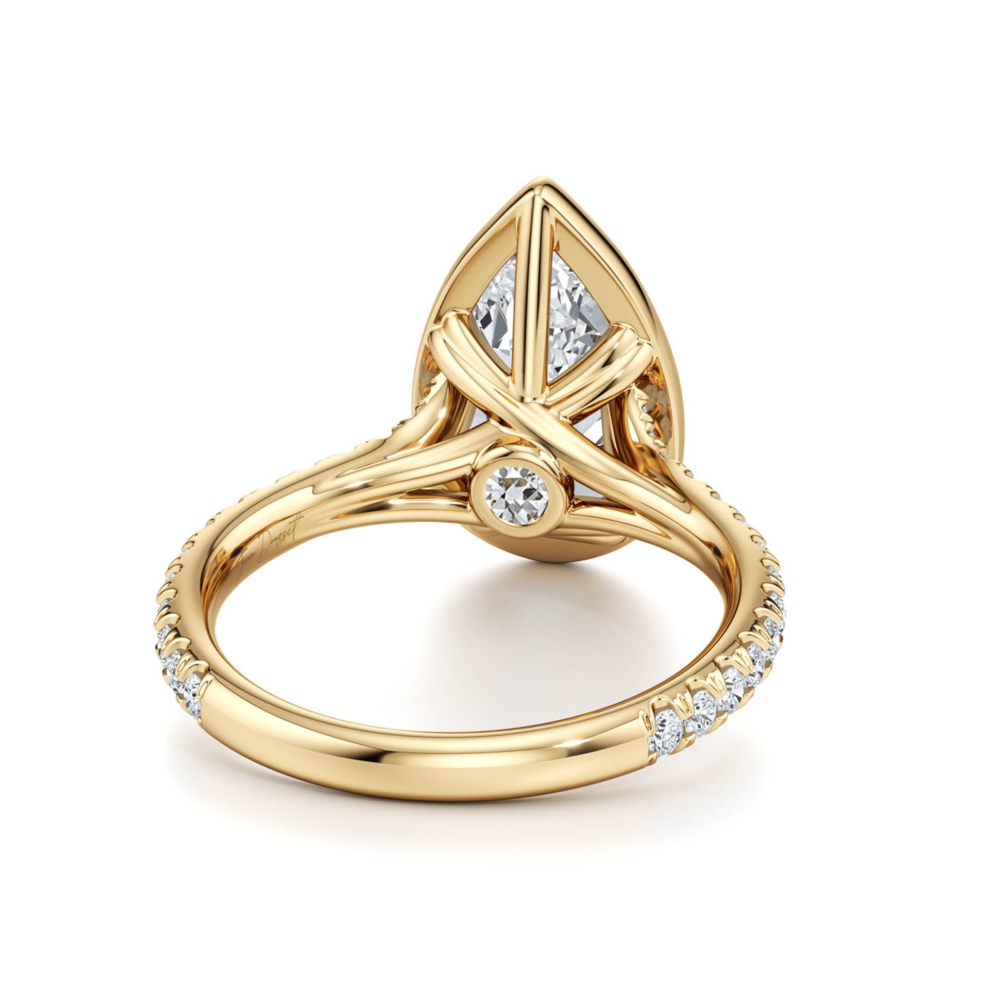 Gold ring with marquise-cut moissanite center, diamond accents, and intricate setting