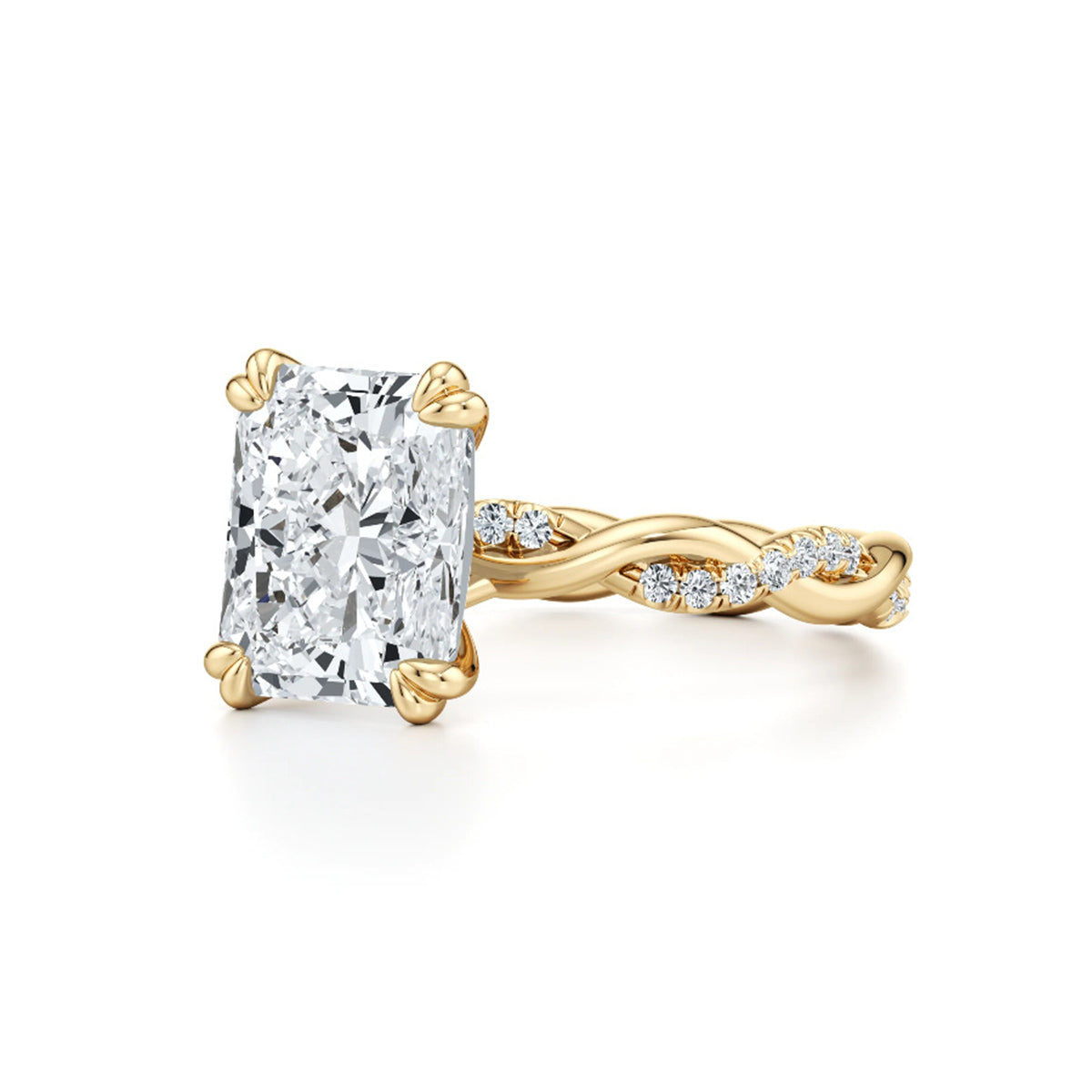 Radiant cut moissanite engagement ring with twisted gold band and small accent stones