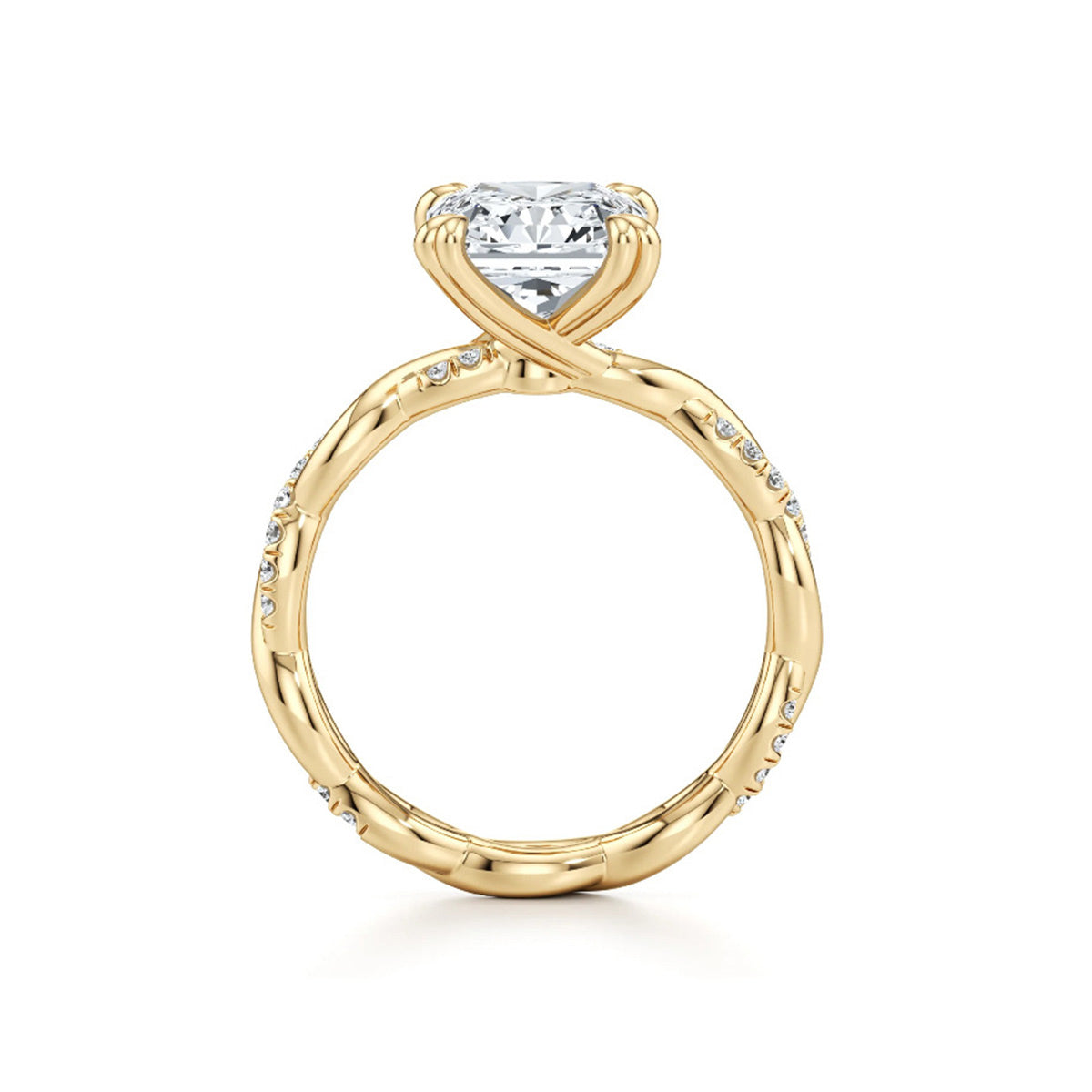 Gold twisted band engagement ring with round moissanite center stone and side stones