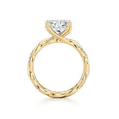 Gold twisted band engagement ring with round moissanite center stone and side stones