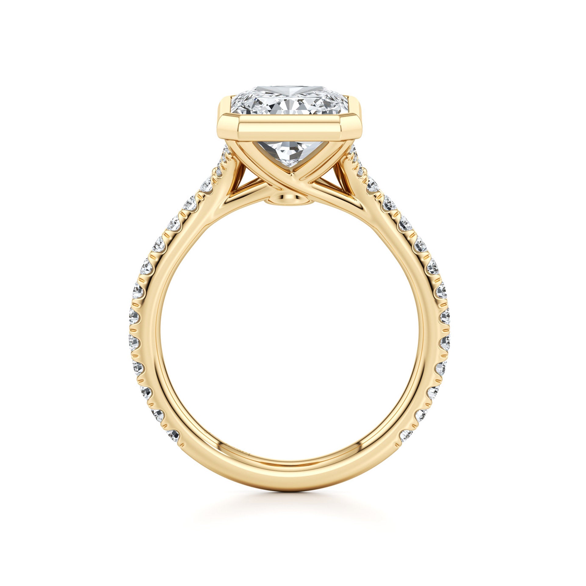 Yellow gold moissanite engagement ring with pavé band and round solitaire center stone