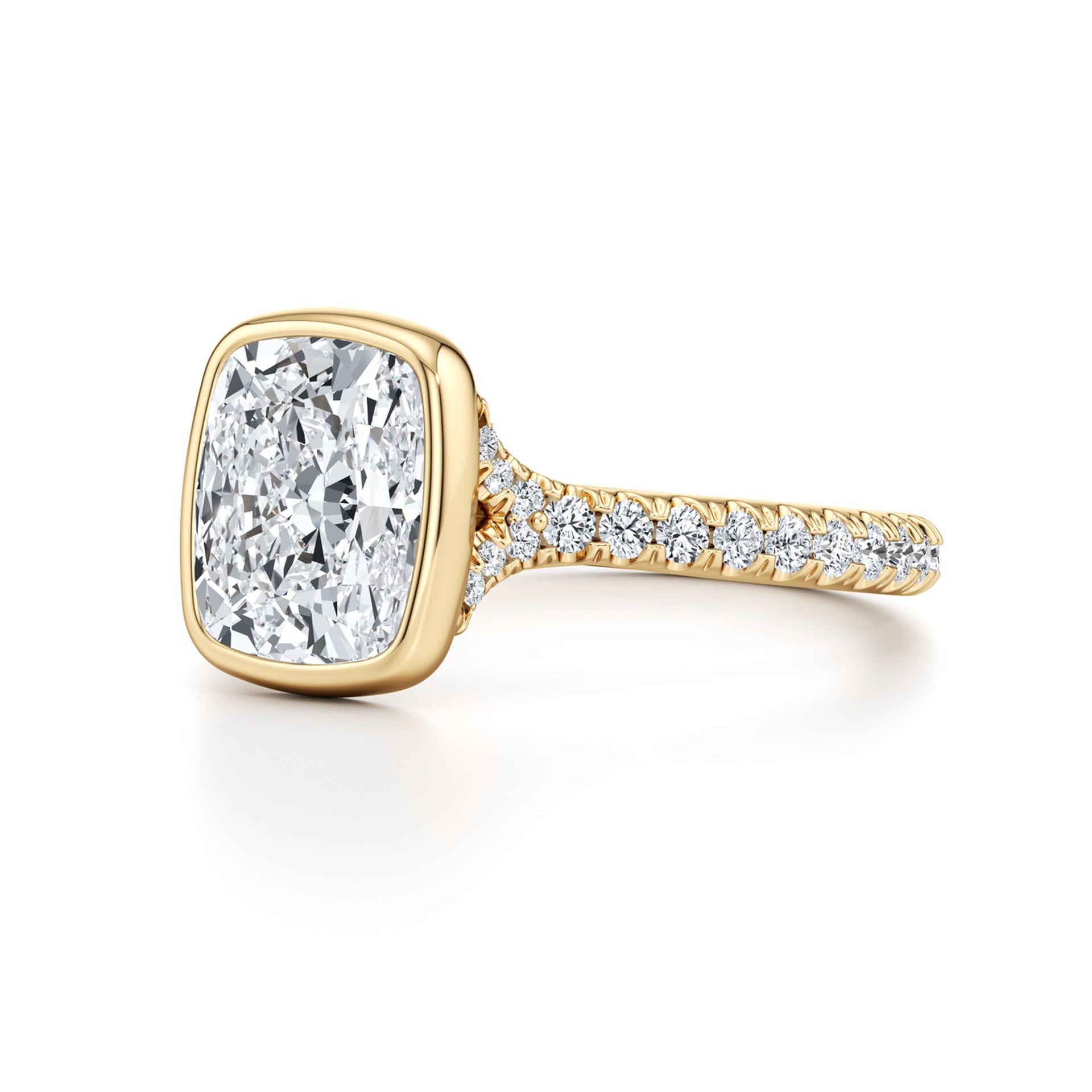 Cushion cut moissanite engagement ring with yellow gold band and pavé setting