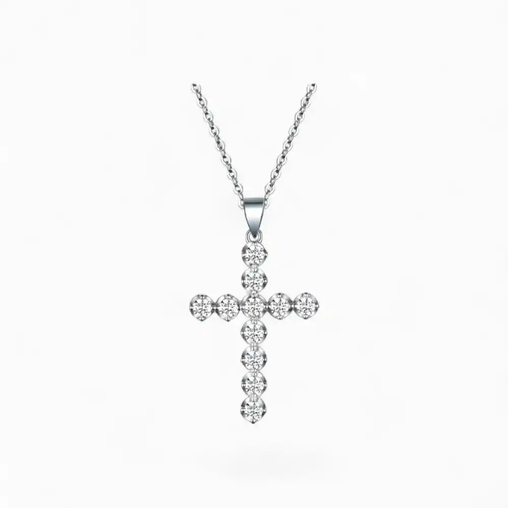 Moissanite cross pendant necklace in silver with round brilliant stones on cable chain