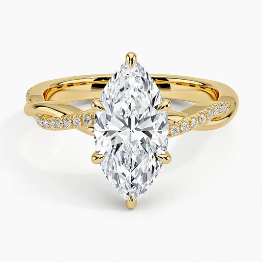 Marquise cut moissanite gold ring with twisted diamond band, luxury jewelry