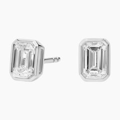 Classic Bezel Set Emerald Cut Brilliant Moissanite Stud Earrings