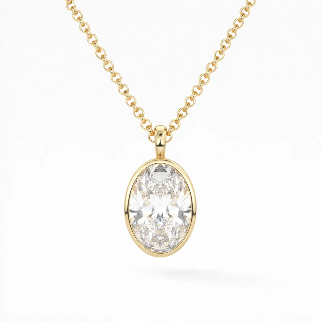 Oval cut moissanite pendant on gold chain, sparkling ethical gemstone jewelry
