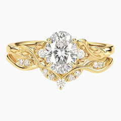 Fiori's Gold Vine Oval Moissanite Bridal Stacking Ring Set