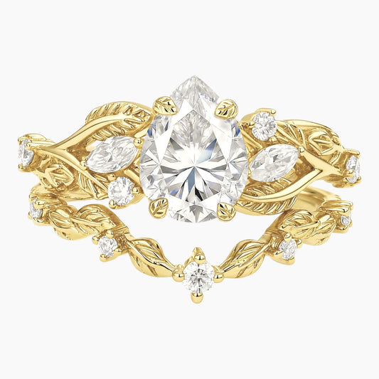 Enchanted Laurel Pear Cut Moissanite Botanical Bridal Set