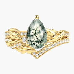 Sylvarielle Pear-Cut Natural Moss Agate Leaf Bridal Ring Set
