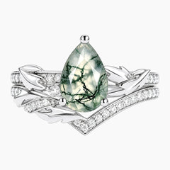 Sylvarielle Pear-Cut Natural Moss Agate Leaf Bridal Ring Set