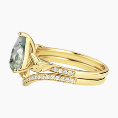 Sylvarielle Pear-Cut Natural Moss Agate Leaf Bridal Ring Set