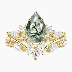 Mossavelle Pear Moss Agate Nature-Inspired Bridal Ring Set
