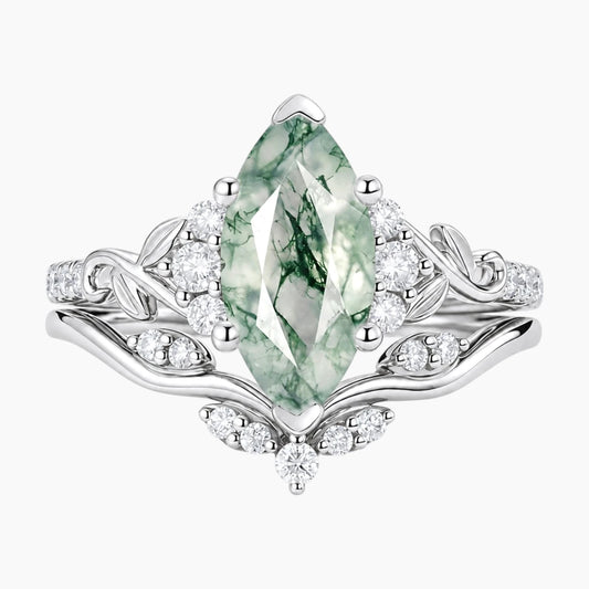 Sylvenora Marquise Moss Agate Vine-Inspired Bridal Ring Set