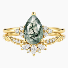 Floravelle Pear Moss Agate Botanical Bridal Ring Set
