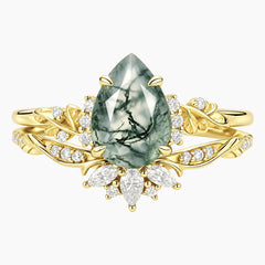 Sylvaelle Pear Moss Agate Botanical Bridal Ring Set