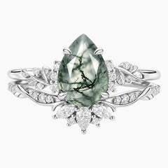 Sylvaelle Pear Moss Agate Botanical Bridal Ring Set