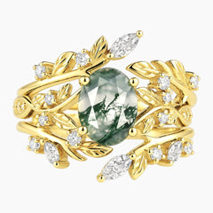 Arborielle Oval Moss Agate Woodland Bridal Ring Set