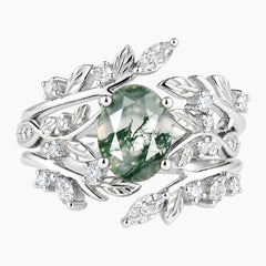 Arborielle Oval Moss Agate Woodland Bridal Ring Set