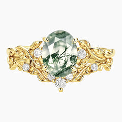 Elowenara Oval Moss Agate Botanical Ring Set
