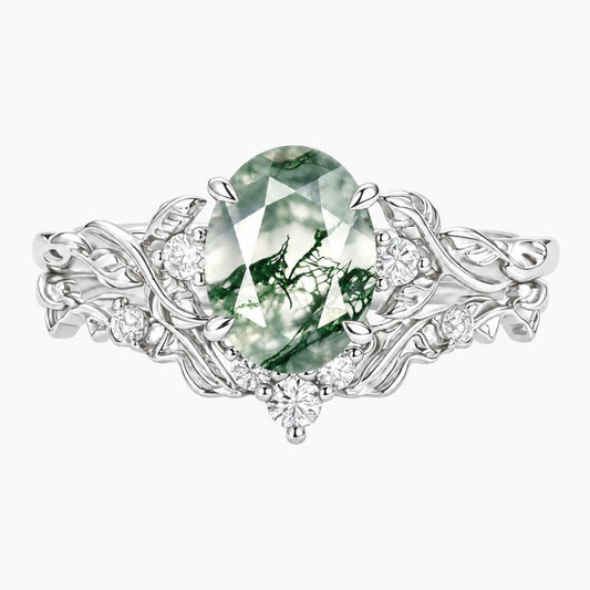 Elowenara Oval Moss Agate Botanical Ring Set