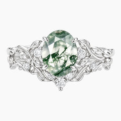 Elowenara Oval Moss Agate Botanical Ring Set