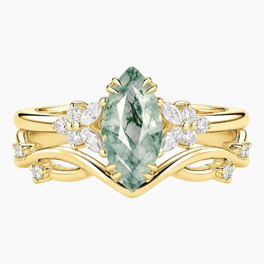 Viridienne Marquise Moss Agate Floral Contour Ring Set