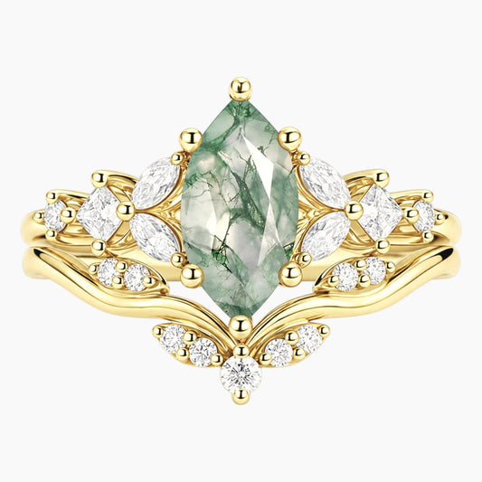 Celandrisse Marquise Moss Agate Botanical Crown Ring Set