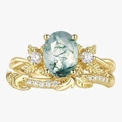 Neravelle Oval Moss Agate Botanical Ring Set
