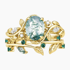 Névalisse Oval Moss Agate Botanical Ring Set