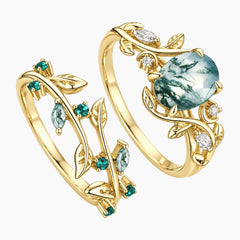 Névalisse Oval Moss Agate Botanical Ring Set