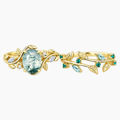 Névalisse Oval Moss Agate Botanical Ring Set