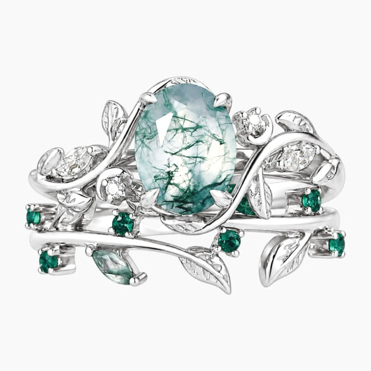 Névalisse Oval Moss Agate Botanical Ring Set