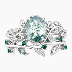 Névalisse Oval Moss Agate Botanical Ring Set