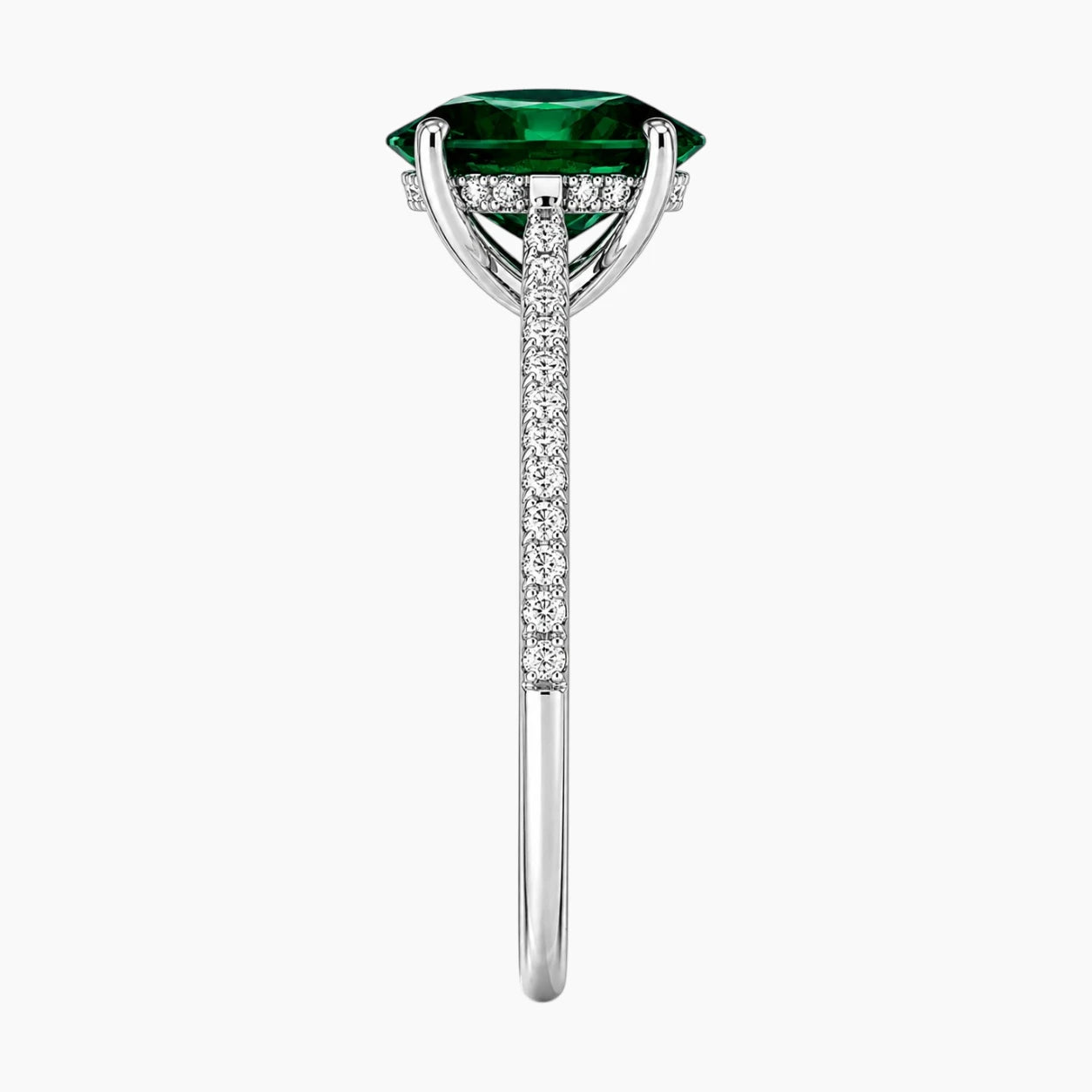 Oval cut deep green lab-grown emerald ring with a delicate pave band