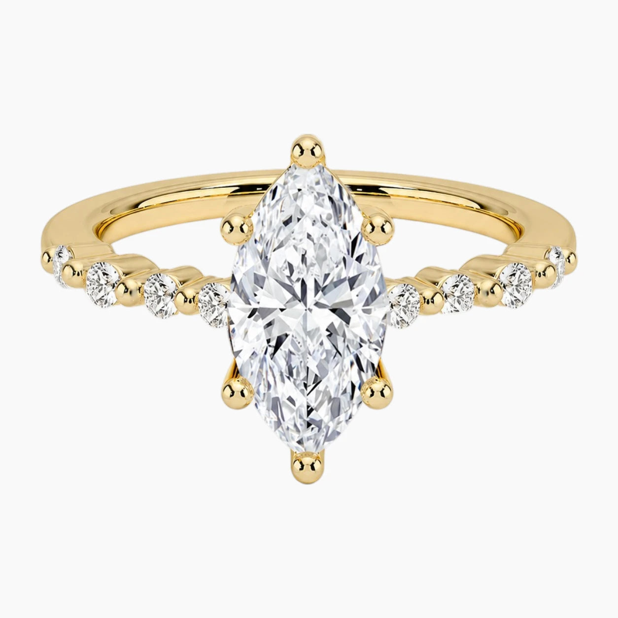 Marquise-cut moissanite ring featuring an 18K white gold-plated band set with pavé diamonds; an elegant solitaire-style engagement ring.