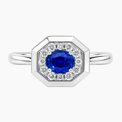 Vintage-inspired 1 Carat Oval Blue Sapphire and Moissanite Hexagon Halo Engagement Ring in 18K Gold Plated Sterling Silver