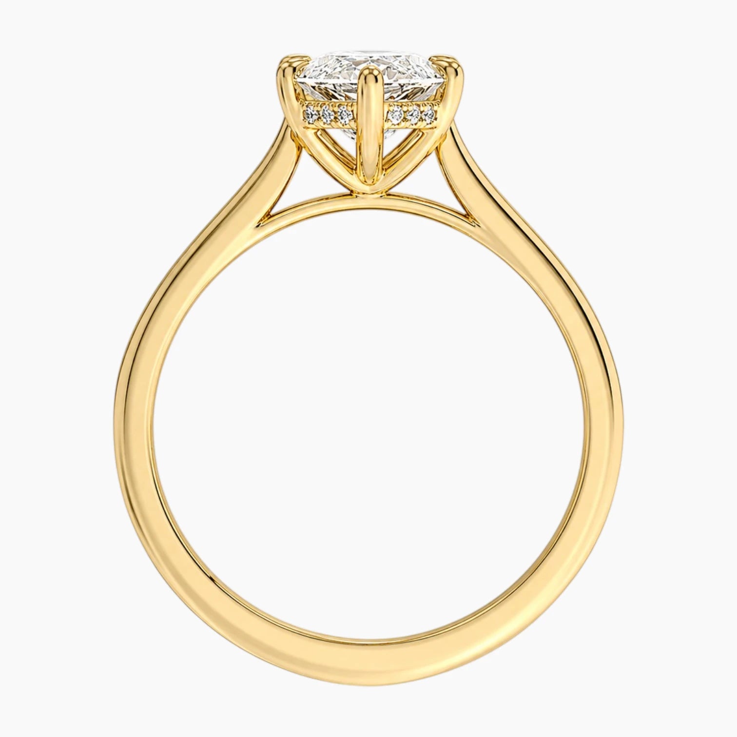 Rear view of an oval moissanite cathedral engagement ring in yellow gold with a hidden halo.