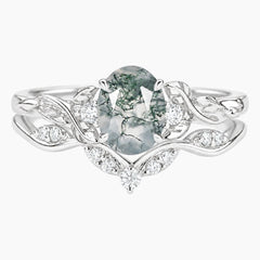 Virelora Oval Moss Agate Leaf-Inspired Ring Set