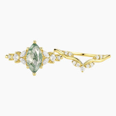 Celandrisse Marquise Moss Agate Botanical Crown Ring Set