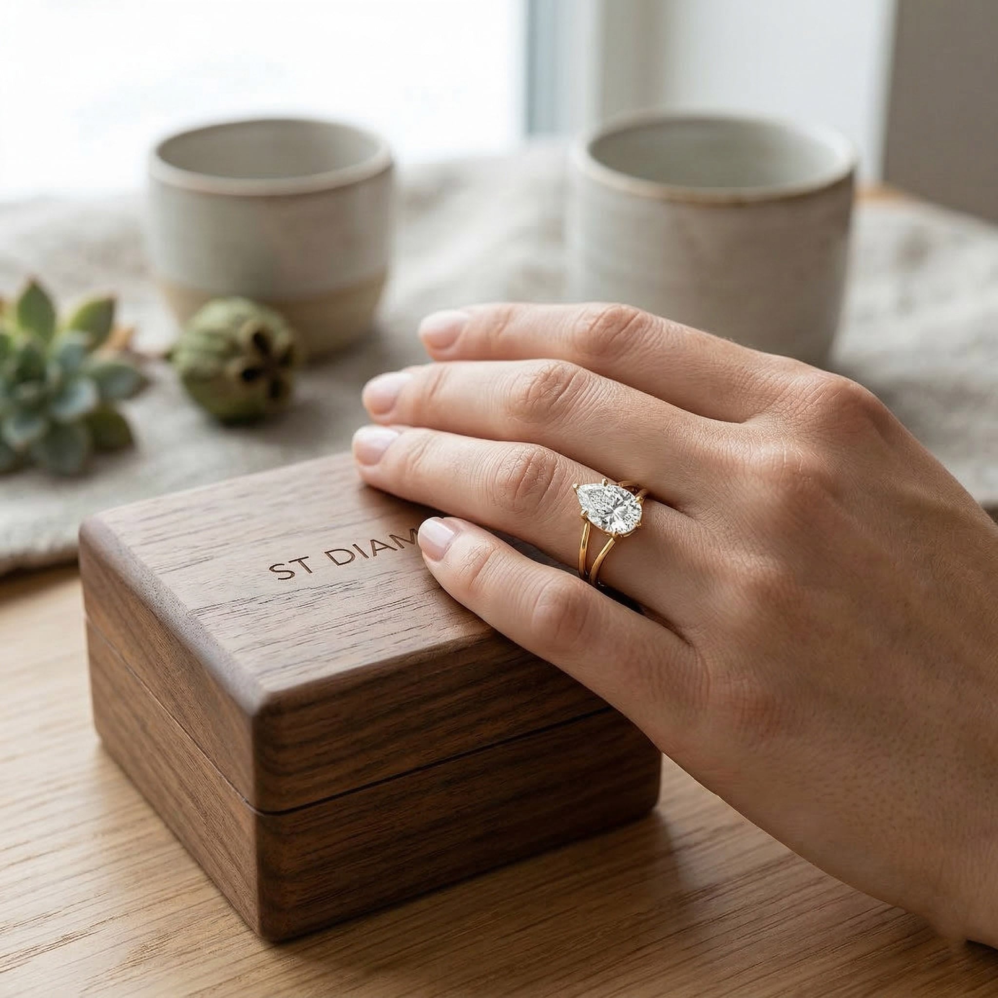 Hand wearing pear-shaped moissanite engagement ring on gold band, resting on wooden jewelry box.