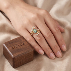 Avenloria Oval Moss Agate Vine-Inspired Bridal Ring Set